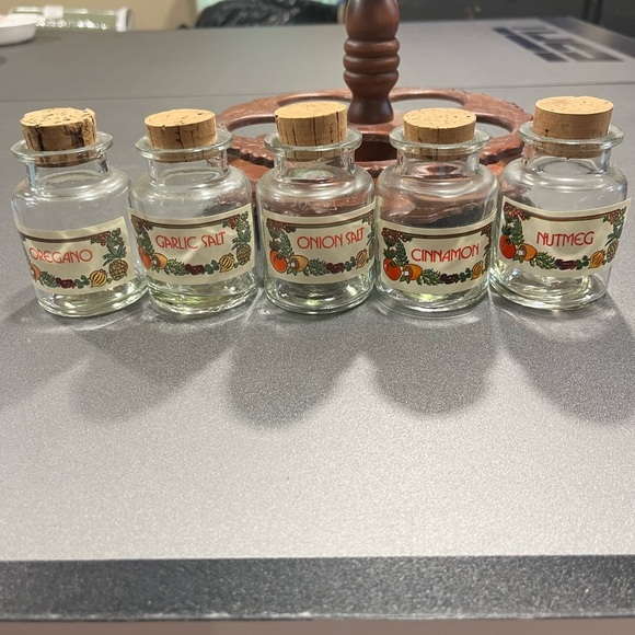 Vintage Wooden Spice Caddy Rack with Glass Jars Cork Lids Farmhouse Rustic - Picture 3 of 6